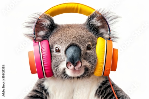 Koala wearing colorful headphones listening to music isolated on white background for fun and quirky designs photo