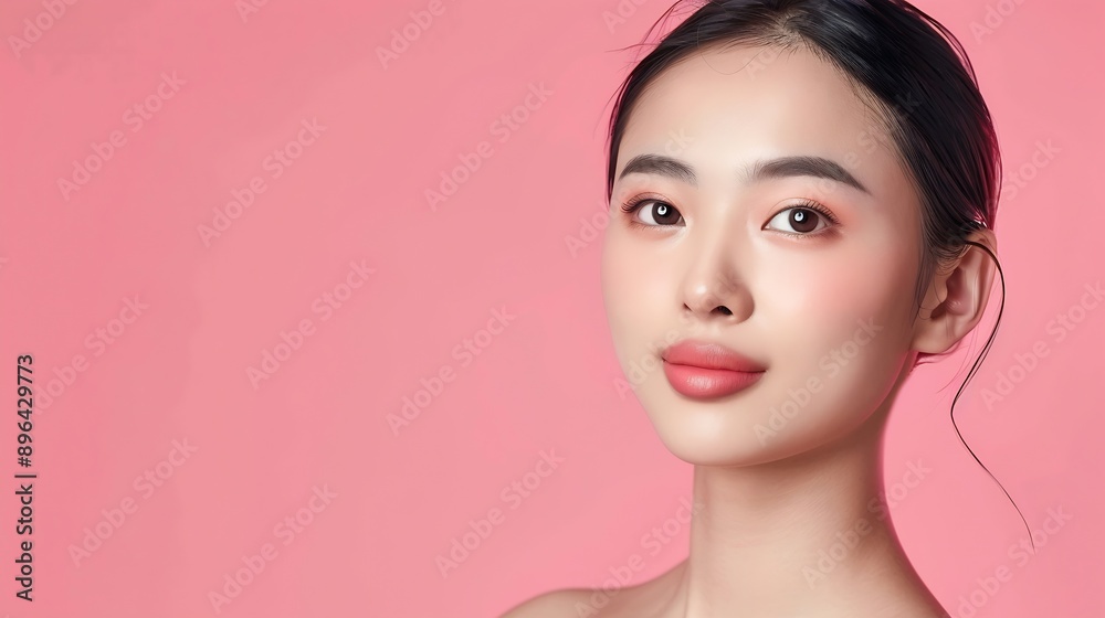 Closeup portrait of young Asian beautiful woman with Kbeauty make up style and healthy and perfect skin isolated on pink background for skincare commercial product advertising : Generative AI Closeup portrait of young Asian beautiful woman with Kbeauty make up style and healthy and perfect skin isolated on pink background for skincare commercial product advertising : Generative AI