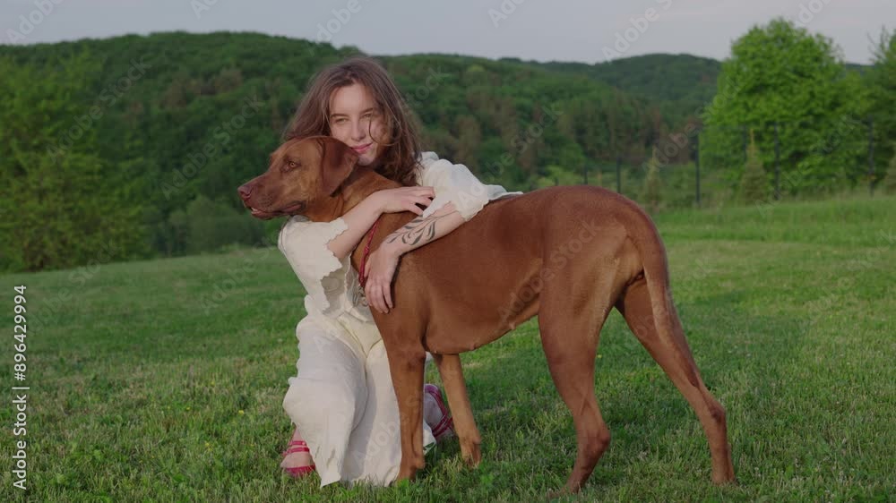young beautiful female playing with her dog outside in the backyard with a gorgeous hill view young beautiful female playing with her dog outside in the backyard with a gorgeous hill view