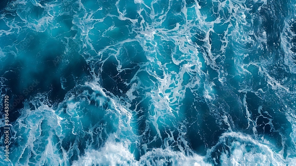 Fototapeta premium Summer seascape beautiful waves blue sea water in sunny day Top view from drone Sea aerial surf amazing tropical nature background Mediterranean bright sea bay waves splashing beach sa : Generative AI
