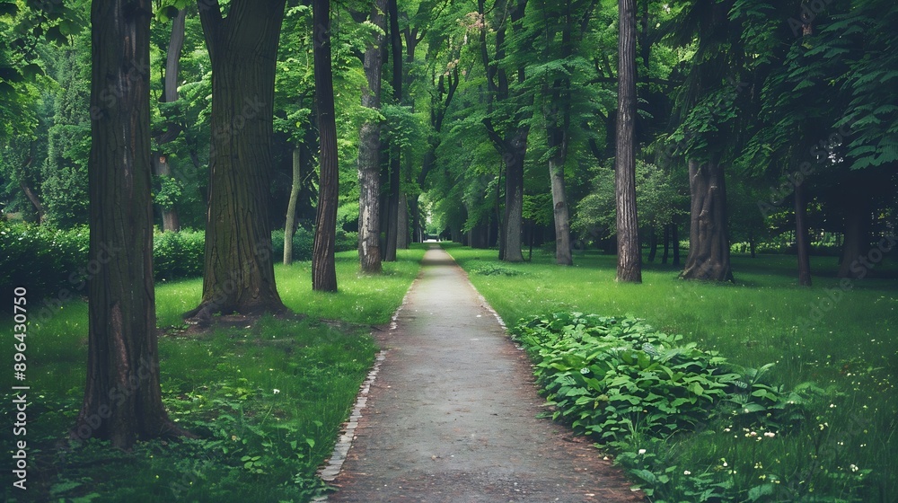 Straight pathway leading through a lush green forest park with tall trees and a serene atmosphere : Generative AI Straight pathway leading through a lush green forest park with tall trees and a serene atmosphere : Generative AI