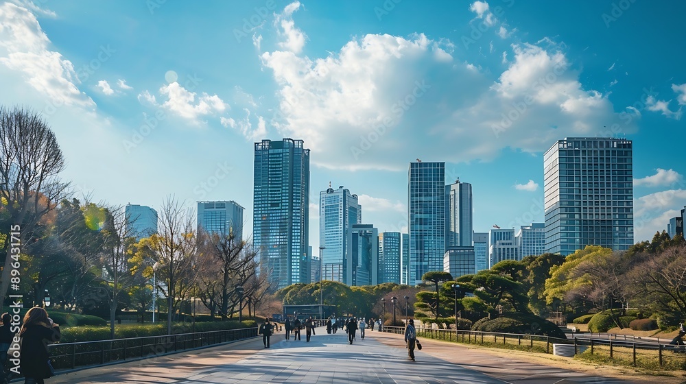 A view of the city with skyscrapers a park and people walking against the blue sky Tokyo : Generative AI