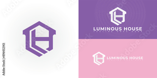 Abstract hexagon initial letter LH or HL in purple color isolated on multiple background colors. The logo is suitable for real estate agent logo design inspiration templates.