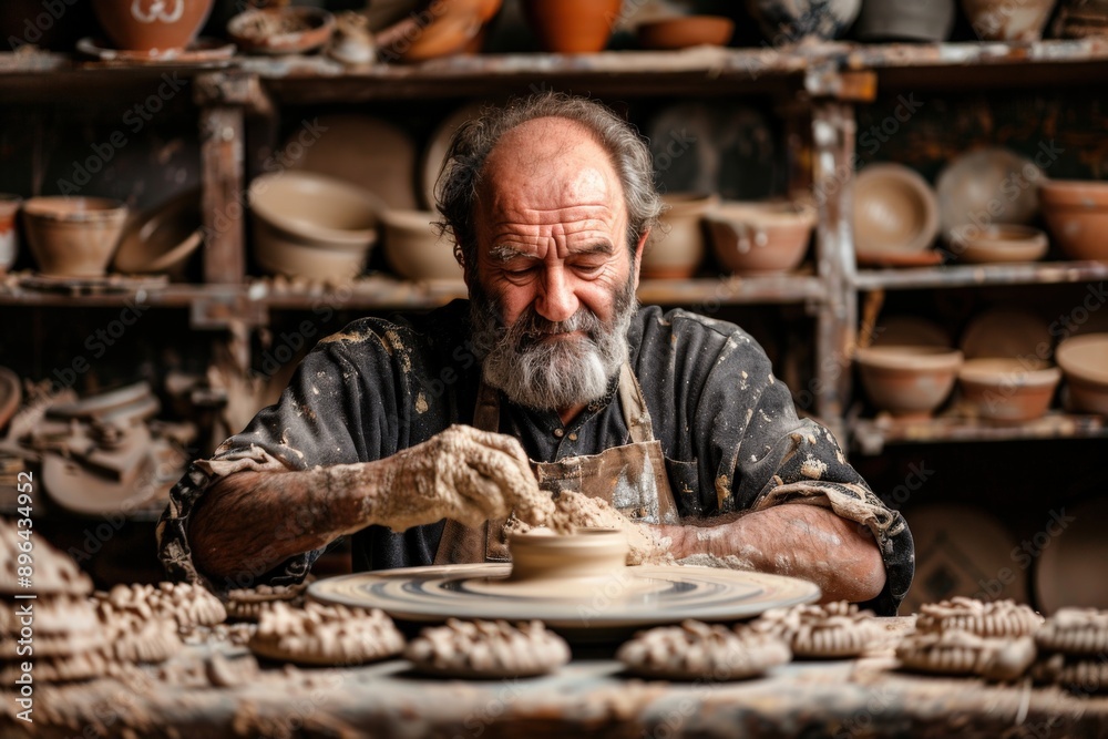An elderly, bearded man skillfully shapes a lump of clay on a pottery wheel inside a workshop, surrounded by his handmade ceramic creations. An elderly, bearded man skillfully shapes a lump of clay on a pottery wheel inside a workshop, surrounded by his handmade ceramic creations.