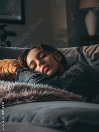 A person reclining on a couch with a cuddly stuffed animal, perfect for personal or commercial use