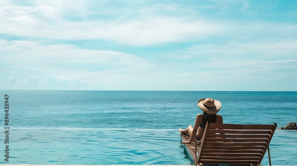 Fototapeta premium Woman sunbathing on lounge chair at poolside overlooking ocean : Generative AI