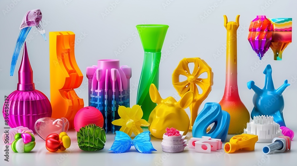 Collection of bright colorful objects printed on a 3d printer Variety of plastic products manufactured by 3D printing : Generative AI Collection of bright colorful objects printed on a 3d printer Variety of plastic products manufactured by 3D printing : Generative AI