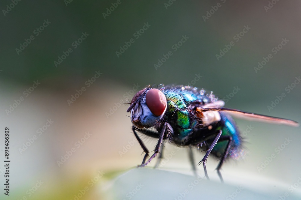 Detailed close-up macro of a shiny golden greenbottle fly sitting on a leaf. Domestic fly. close up compound eyes of fly on green background. Fly on a leaf macro Detailed close-up macro of a shiny golden greenbottle fly sitting on a leaf. Domestic fly. close up compound eyes of fly on green background. Fly on a leaf macro