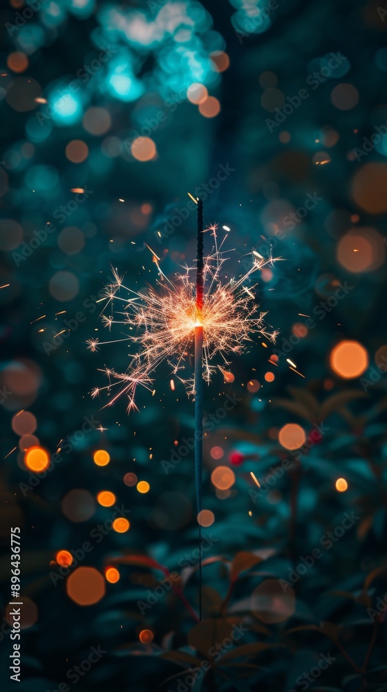 Obraz premium Sparkler with vibrant bokeh effect in a night garden
