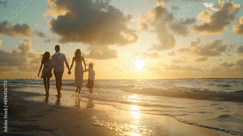 Happy family walking and holding hands at beach in summer for relax travel and vacation in Miami Parents children and people at ocean with back for holiday trust and bonding together b : Generative AI