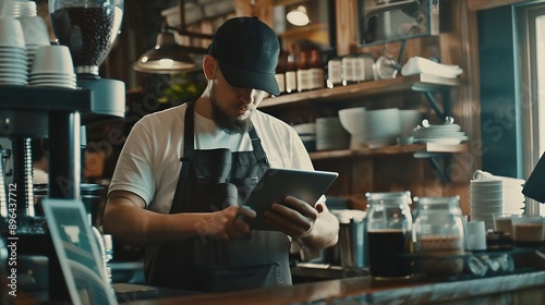 Barista man and tablet for coffee shop inventory or online order on website in startup cafe Small business owner waiter and review with technology for stock menu or price checklist in : Generative AI