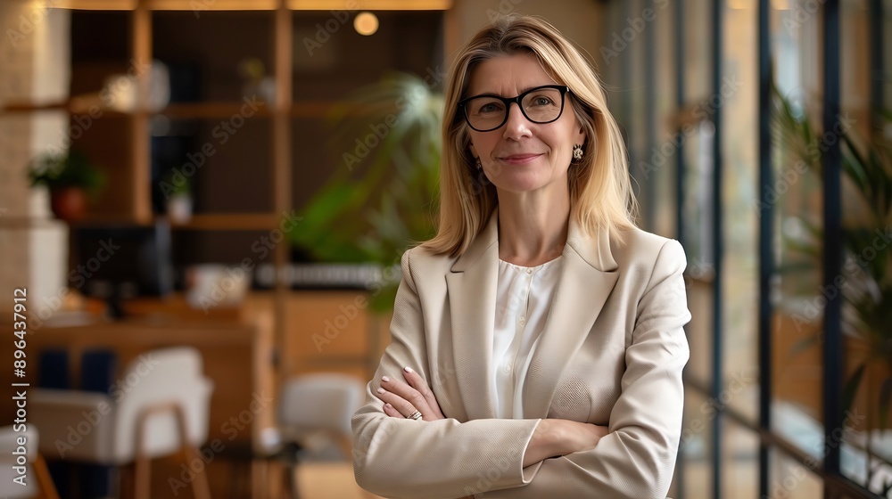 © The Little Hut - Confident smiling middle aged business woman attorney 45 years old lady entrepreneur mature female professional executive manager leader standing arms crossed in office looking at came : Generative AI © The Little Hut - Confident smiling middle aged business woman attorney 45 years old lady entrepreneur mature female professional executive manager leader standing arms crossed in office looking at came : Generative AI