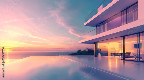 Patio of modern house overlooking ocean at sunset : Generative AI