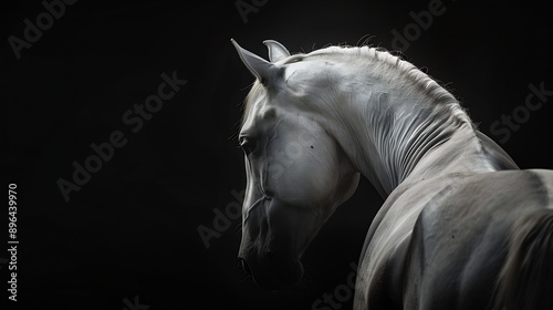 Fine art low key horse picture of a white Andalusian horse looking over his shoulder with a black background and a lot of copy space : Generative AI