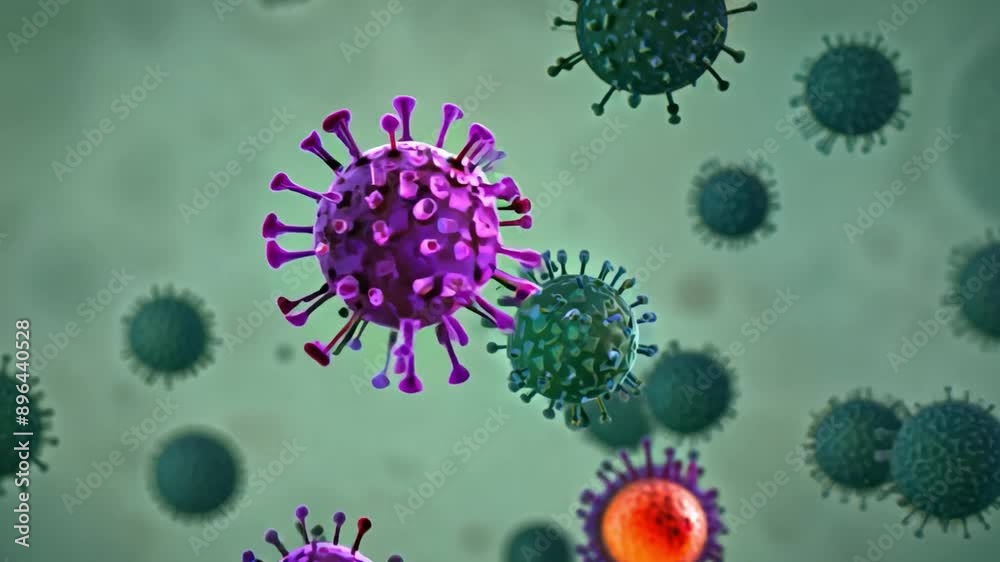 A digital illustration of multiple viruses, some in focus and others out of focus, against a light green background. A digital illustration of multiple viruses, some in focus and others out of focus, against a light green background.