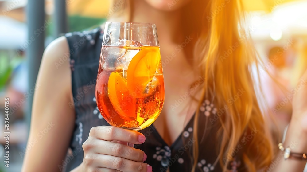 Woman drinking iced summer cocktail aperol spritz : Generative AI Woman drinking iced summer cocktail aperol spritz : Generative AI