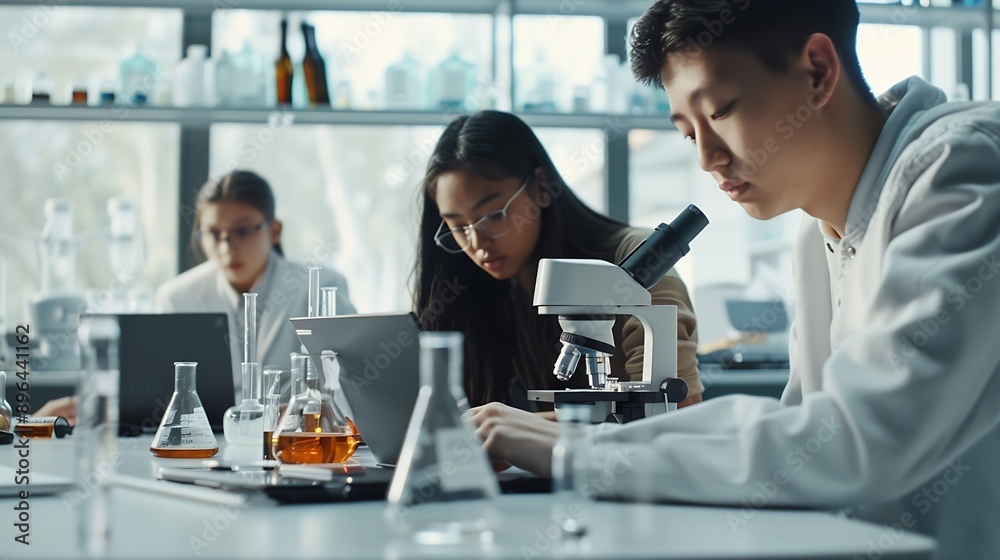 Students learning in science classroom Focused young students experiment with chemicals using flasks and test tubes with microscope and laptop on clean white desk in classroom : Generative AI