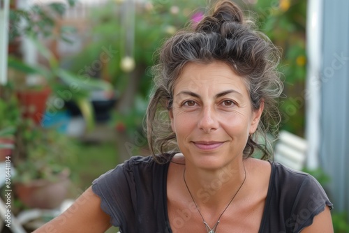 Smiling mature attractive housewife posing at her home backyard looking at the camera