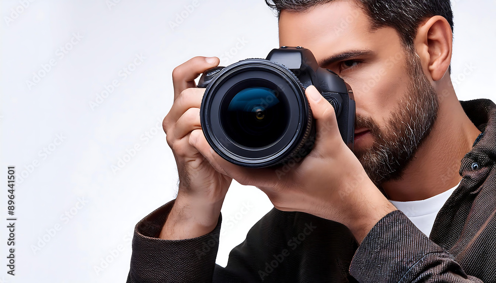 Close-up of a photographer adjusting the lens white background Close-up of a photographer adjusting the lens white background