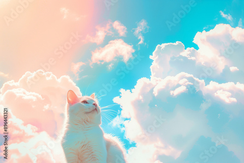 cat on blue sky with clouds background