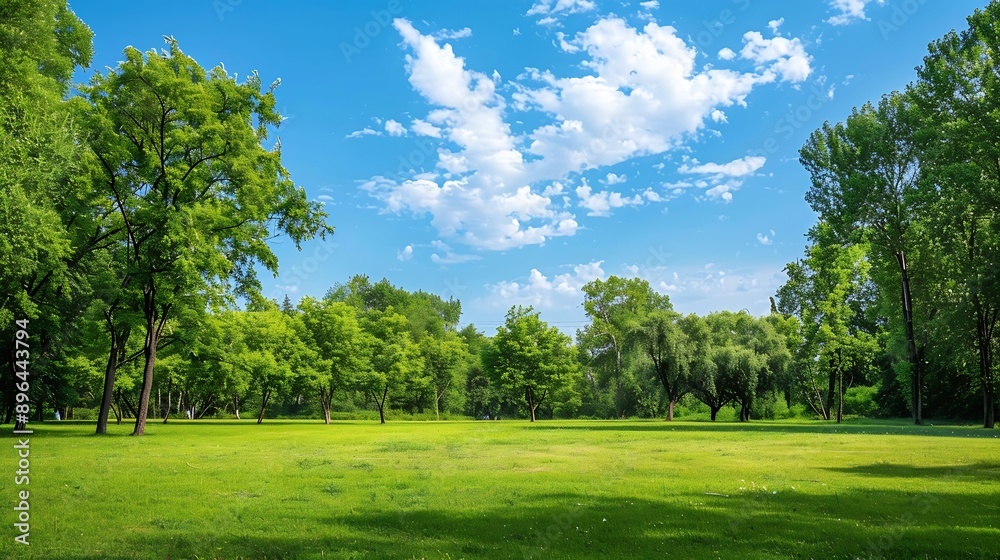 Green tree forest meadow field in city park blue sky Nature green scene background : Generative AI Green tree forest meadow field in city park blue sky Nature green scene background : Generative AI