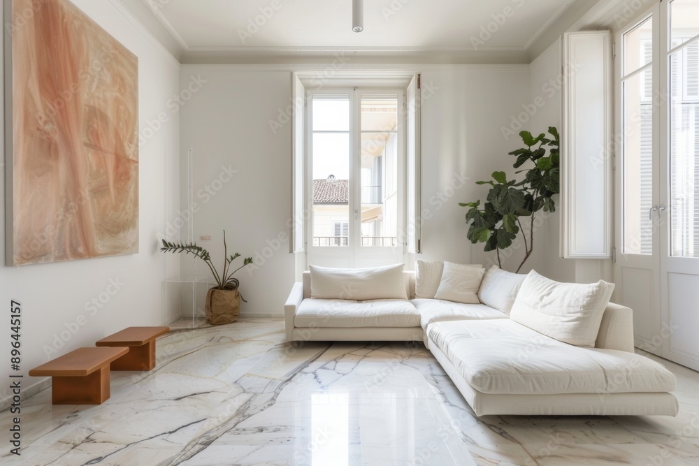 Interior of modern living room with white sofa and wooden coffee table