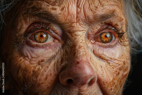 Close up of the skin around the eyes, showing wrinkles and signs of aging on an elderly woman's face © Ghiska