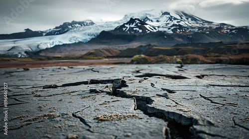 Snaefellsjokull National Park seen from Svortuloft with a cracked earth in the foreground Snaefellsnes peninsula Iceland : Generative AI photo