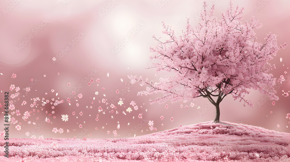 A blooming cherry blossom tree on a soft pink background.
A blooming cherry blossom tree on a soft pink background.