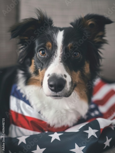 A loyal dog sitting on top of an American flag pillow, perfect for patriotic events or as a symbol of freedom and loyalty