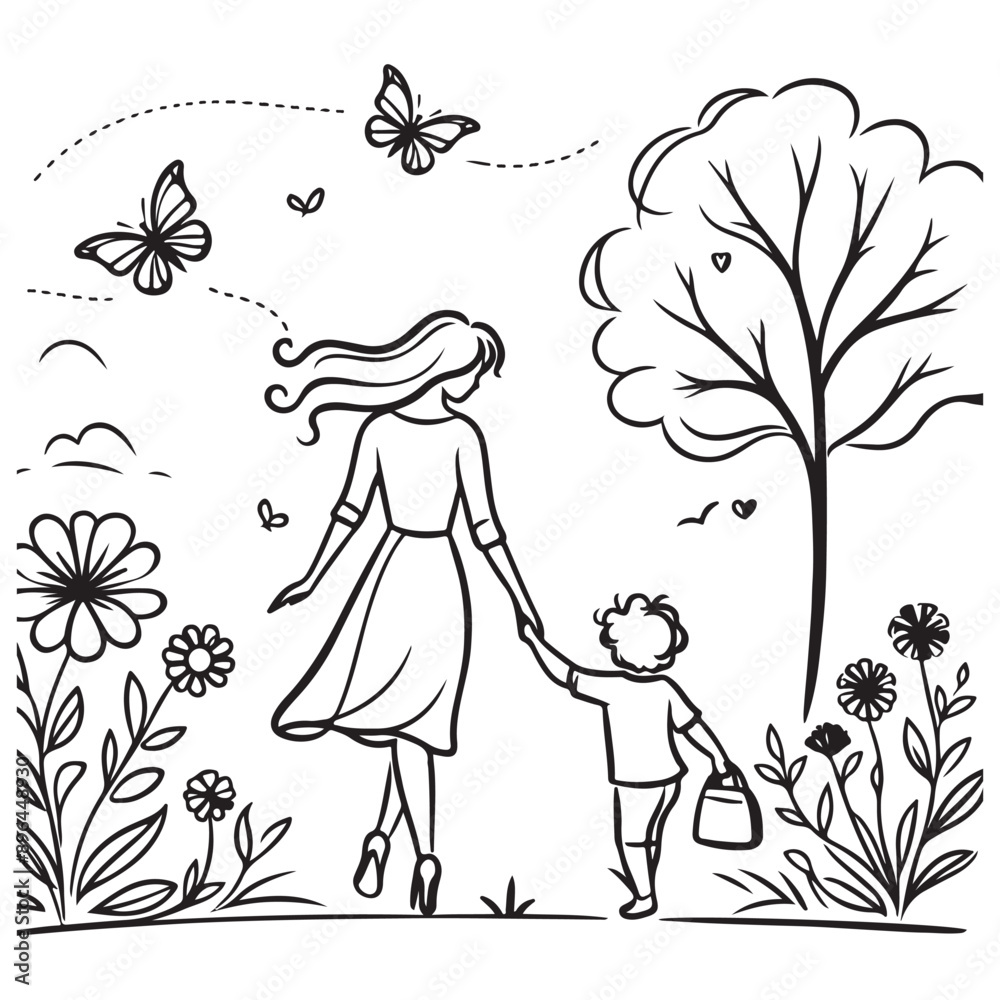 continuous line drawing of mother and girl cute family concept card mother day vector illustration continuous line drawing of mother and girl cute family concept card mother day vector illustration