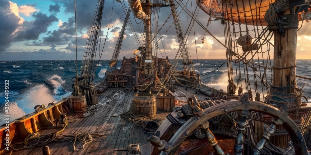 Fototapeta premium Detailed view of a vintage pirate ship deck at sunset, showcasing nautical elements and maritime equipment, evoking a sense of adventure and historical maritime exploration
