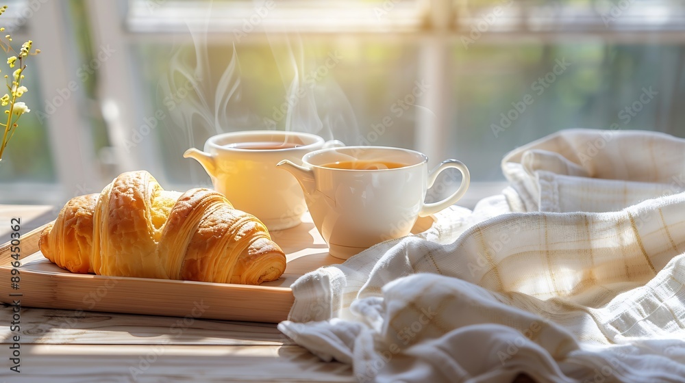 dish towel fresh croissant and ceramic cups of tea on bamboo tray on wooden tabletop with sun light on kitchen background interior breakfast concept : Generative AI dish towel fresh croissant and ceramic cups of tea on bamboo tray on wooden tabletop with sun light on kitchen background interior breakfast concept : Generative AI