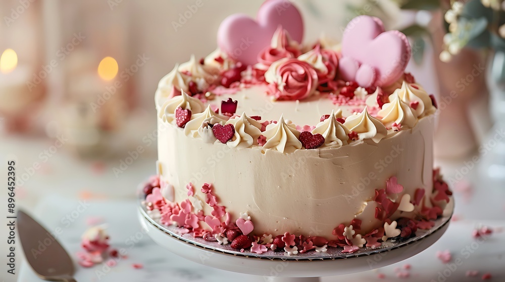 A Festive Valentine's Day Cake with Delicate Decorations A Festive Valentine's Day Cake with Delicate Decorations