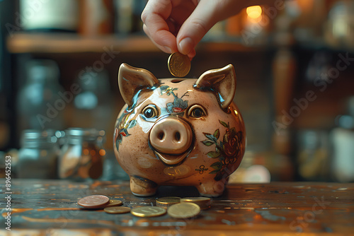 A piggy bank shaped like a pig, with a hand above dropping coins into it. The image symbolizes saving money, financial management, and the concept of accumulating wealth