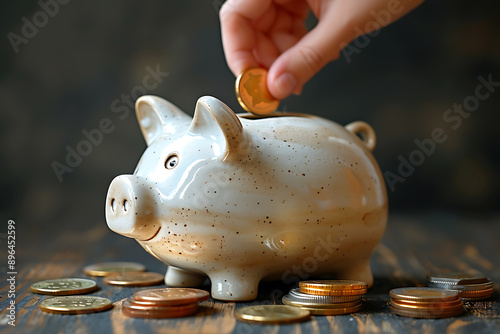 A piggy bank shaped like a pig, with a hand above dropping coins into it. The image symbolizes saving money, financial management, and the concept of accumulating wealth