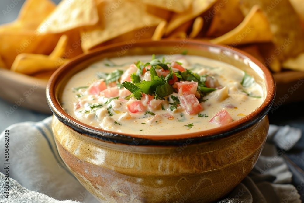A zoomed in image of a cup of white queso dip surrounded by tortilla chips in the background