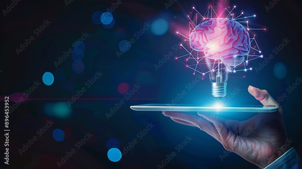custom made wallpaper toronto digitalHand holding tablet with bulb for Artificial Intelligence or AI brain analysis informationTechnology and science conceptmachine learning systemHitech and futuristic world : Generative AI
