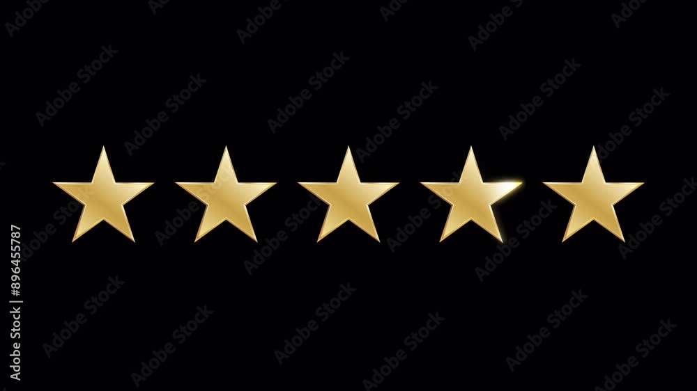 Five golden stars rating animation on transparent background. Star rating on alpha channel
