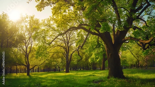 deciduous trees in the park on a sunny day trees growing in the park in spring : Generative AI