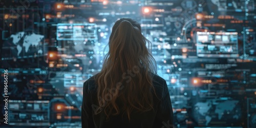 A woman stands in front of a tall wall of computer screens, looking focused