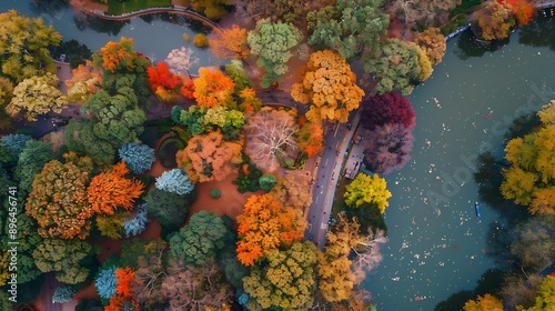 Autumn Fall Autumnal Central Park view from drone Aerial of NY City Manhattan Central Park panorama in Autumn Autumn in Central Park Autumn NYC Central Park Fall Colors of foliage : Generative AI