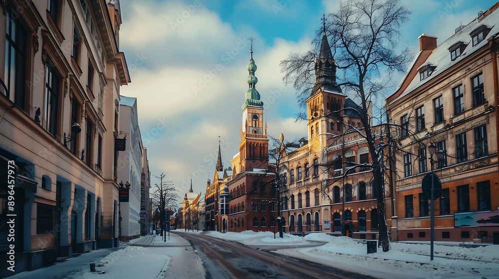 Fototapeta premium Panorama of Riga with a focus on the building of the latvian academy of sciences or latvijas zinatnu akademija Its a vintage skyscraper a landmark of soviet stalinist architecture in R : Generative AI