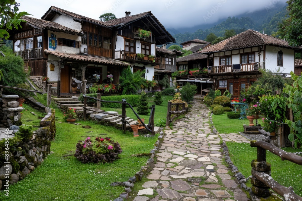 Charming village scene with traditional wooden houses, well-kept gardens, and a stone path, enveloped in lush greenery, epitomizing rustic beauty and peaceful rural life. Charming village scene with traditional wooden houses, well-kept gardens, and a stone path, enveloped in lush greenery, epitomizing rustic beauty and peaceful rural life.