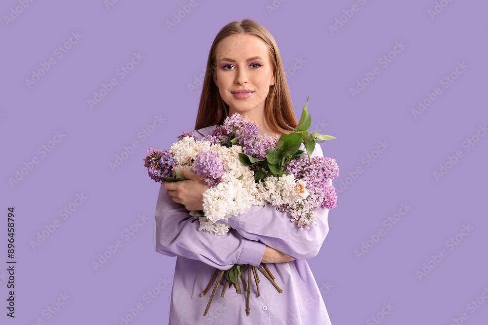 Beautiful young happy woman with bouquet of lilac flowers on purple background Beautiful young happy woman with bouquet of lilac flowers on purple background