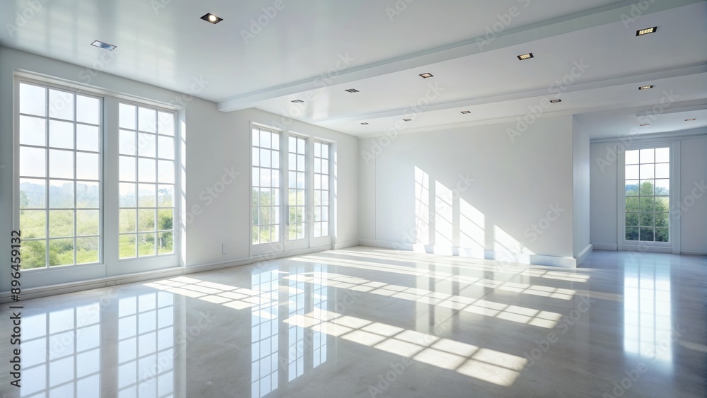 Fototapeta premium Bright and airy large empty room with white interior and minimalist design illuminated by natural light casting intriguing shadow play on walls.