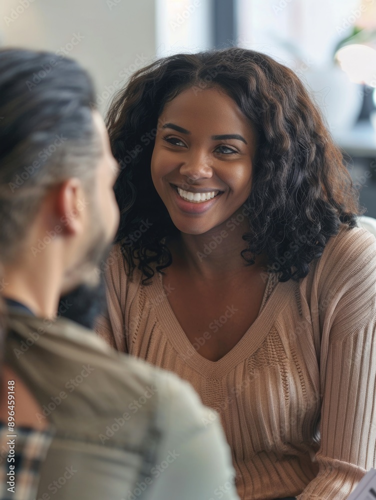 Woman smiling and talking to man Woman smiling and talking to man