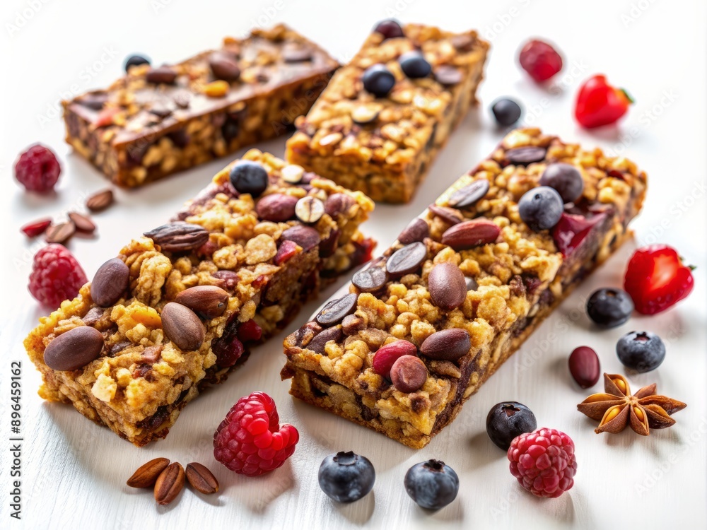 Wholesome vegan granola bars overflowing with crunchy nuts, rich dark chocolate chips, and juicy dried berries, artfully arranged on a pristine white background. Wholesome vegan granola bars overflowing with crunchy nuts, rich dark chocolate chips, and juicy dried berries, artfully arranged on a pristine white background.