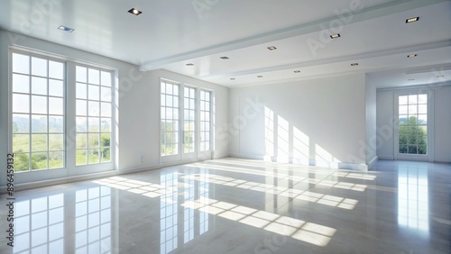 Bright and airy large empty room with white interior and minimalist design illuminated by natural light casting intriguing shadow play on walls.