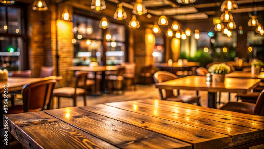 Warm and inviting ambiance: a rustic wooden table stands alone in front of a blurred background of soft, colorful restaurant lights, evoking a sense of cozy dining. Warm and inviting ambiance: a rustic wooden table stands alone in front of a blurred background of soft, colorful restaurant lights, evoking a sense of cozy dining.